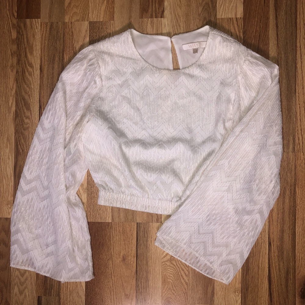 White and gold long flair sleeve crop top (M)